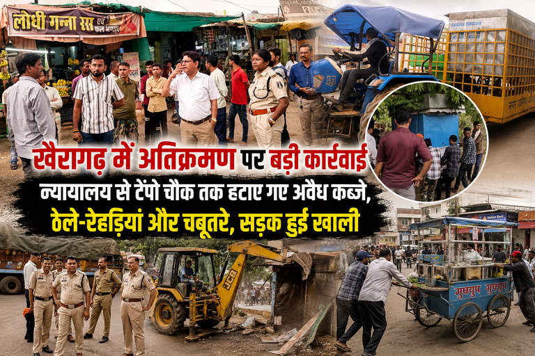 खैरागढ़. अतिक्रमण पर प्रशासन का बड़ा प्रहार: राजस्व, पुलिस और पालिका की संयुक्त कार्रवाई, अवैध ठेले-चबूतरे हटे